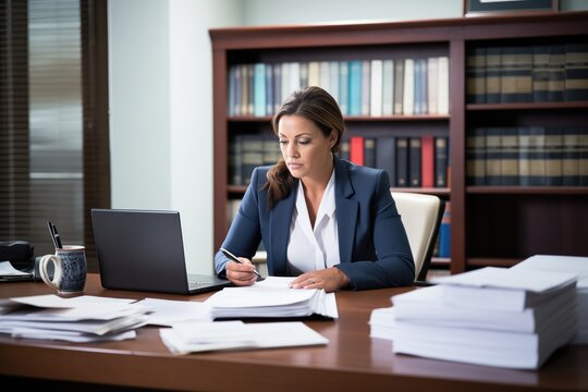 paralegal reviewing legal documents at desk with laptop