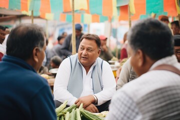 politician meeting with farmers at a local market - obrazy, fototapety, plakaty