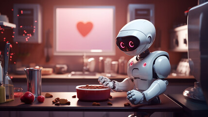 3d rendering humanoid robot with bowl of dog food in the kitchen generativa IA