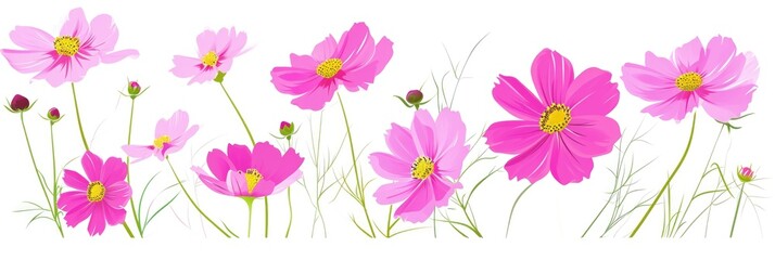 A group of pink flowers on a white background.