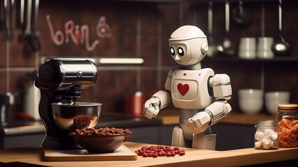 Robot in the kitchen with a bowl of granola and coffee maker generativa IA - obrazy, fototapety, plakaty