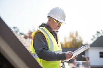 roofer checking material list on a tablet on the roof - obrazy, fototapety, plakaty
