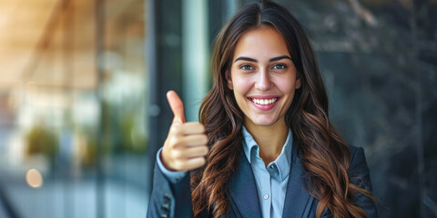 Confident smiling entrepreneur woman in a suit with thumbs up