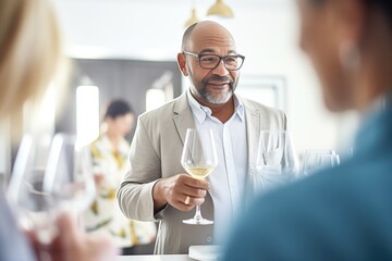 wine expert discussing with guests at a wine tasting event, wine glasses in the frame
