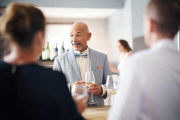 sommelier speaking with customers at a wine tasting event - obrazy, fototapety, plakaty
