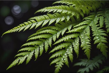 A Delicate Fern Leaf Adorned with Glistening Water Droplets 