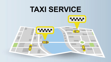 top view flat cartoon of yellow taxi service transport car on map - obrazy, fototapety, plakaty