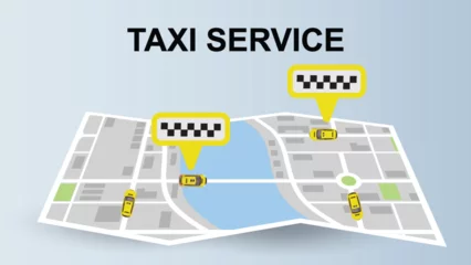 Foto op Plexiglas top view flat cartoon of yellow taxi service transport car on map © moxumbic