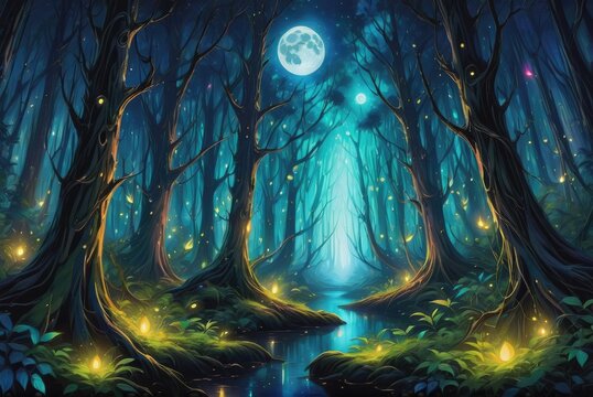 A moonlit night in a mystical forest sets the stage for this captivating wallpaper