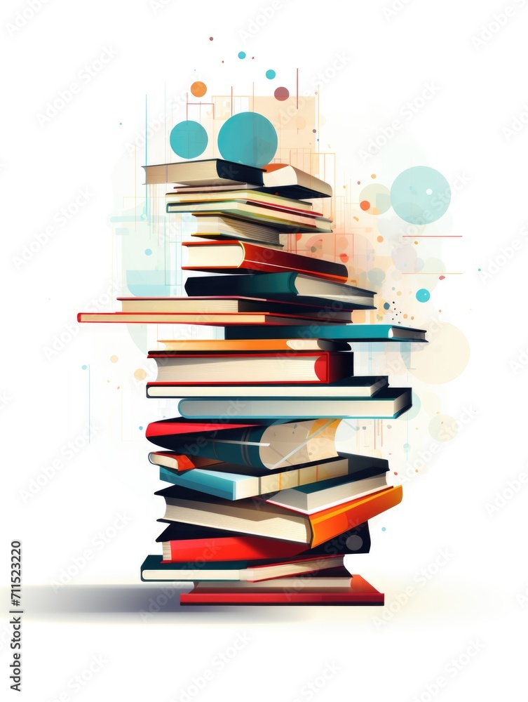 Poster a stack of books with circles and dots in the background.