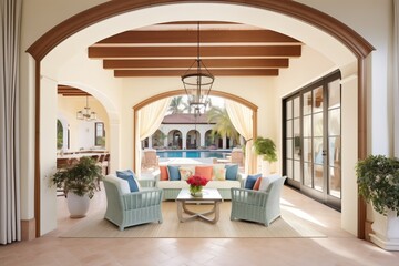 arched loggia in a mediterranean style mansion - obrazy, fototapety, plakaty