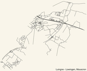 Detailed hand-drawn navigational urban street roads map of the LUINGNE-LOWINGEN COMMUNE of the Belgian city of MOUSCRON, Belgium with vivid road lines and name tag on solid background