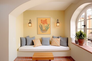 arched stucco alcove with builtin seating area
