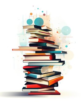 A stack of books with circles and dots in the background.