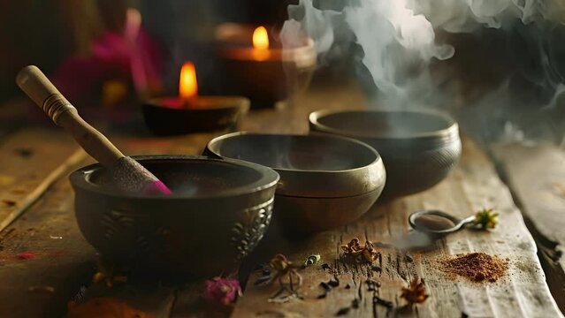 Soft incense wafts through the air, enhancing the sensory experience of the singing bowl therapy.