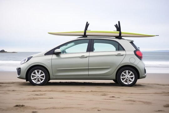 compact car with soft rack for surfboards, parked at beach