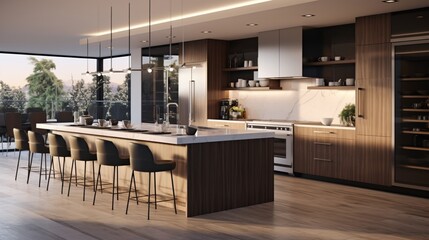 a modern kitchen, featuring sleek cabinets, state-of-the-art appliances, and a stylish island, 