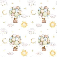 Baby seamless pattern on a white background. Baby bear on a hot air balloon. Watercolor background in pastel colors. Childrens party, baby shower, birthday. Design for wallpaper, wrapping, fabric.