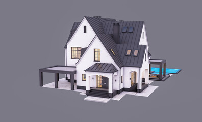 3d rendering of cute cozy white and black modern Tudor style house with parking  and pool for sale or rent with beautiful landscaping. Fairy roofs. In evening Isolated on gray