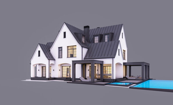 3d rendering of cute cozy white and black modern Tudor style house with parking  and pool for sale or rent with beautiful landscaping. Fairy roofs. In evening Isolated on gray