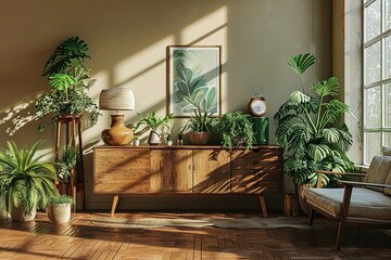 Fototapeta na wymiar Warm and Cozy Composition of spring living room interior with mock-up poster frame, wooden sideboard, white sofa, green stand, base with leaves, plants, and stylish lamp, Home Decor