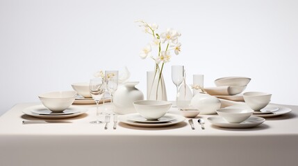 Obraz na płótnie Canvas a pristine dinner set meticulously arranged on a white background, each piece reflecting the soft glow of ambient light, creating a scene of elegance and refinement.