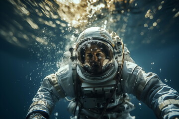 Fototapeta na wymiar An astronaut underwater. Sci-fi astronaut concept. Generated AI