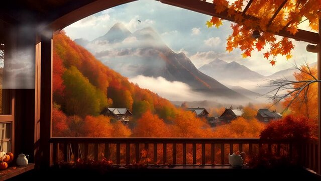 Retro Cozy Autumn Fantasy Porch with Blowing Fall Leaves, Distant Mountain, Steaming Mug, and Provisions. Looping. Animated Background / Wallpaper. VJ / Vtuber / Streamer Backdrop. Seamless Loop