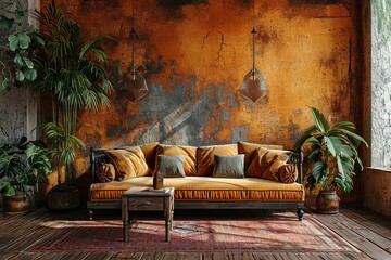 Wabi sabi living room with old orange wall and new couch real photo with copy space - Powered by Adobe