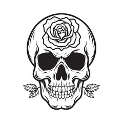 Skull With Rose Flower Black Outline Vector. Human skull with rose sketch drawing, tattoo vector illustration isolated on white background