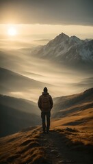 Solitary traveler contemplating majestic mountain sunrise. AI