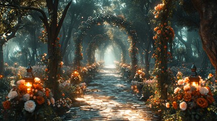 wedding hall in an enchanted forest setting, with towering trees, magical creatures, and a fairy-tale atmosphere.  - obrazy, fototapety, plakaty