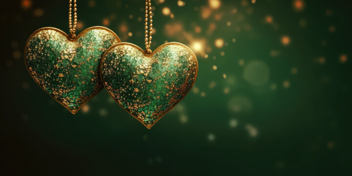 Two green golden hearts on a green background. Two Valentine. Gold Heart-shaped pendants hanging on a dark background with golden sparkle, copy space. Valentine's day, Love, Wedding, Romantic concept
