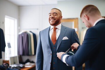 man trying on tailored suit jacket, tailor assessing fit