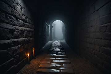 A path that proceeds to the horizon through a narrow and dark necropolis, dark and gloomy atmosphere - Concept for loneliness and depression