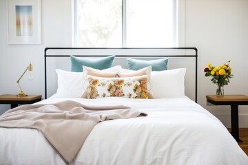 metal bed frame with white linens and a plush duvet