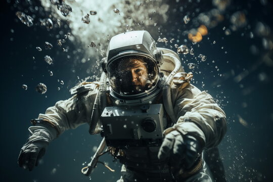 An astronaut underwater. Sci-fi astronaut concept. Generated AI
