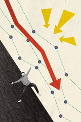 Vertical creative collage of falling man down arrow recession statistics business data weird freak...