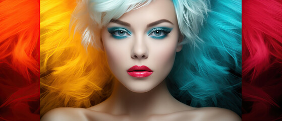 A beautiful fashion model woman with brilliantly colored hair and striking blue eyes, an artistic marvel thats sure to stimulate your senses - obrazy, fototapety, plakaty