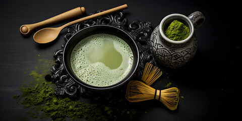 Matcha Drink and Spoons on Table with Layered Fibers