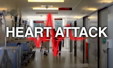 Heart attack lettering, in the background the heart rate and gait in the hospital with beds, lights...