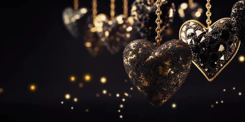 Foto op Plexiglas Valentine's day background with black heart with golden pattern hanging on a gold chains on a black background, copy space © maxa0109