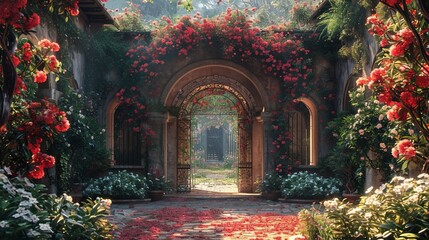 a captivating hall entrance with an enchanting garden gate, surrounded by blooming flowers,...