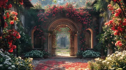 Papier Peint photo Vieil immeuble a captivating hall entrance with an enchanting garden gate, surrounded by blooming flowers, ivy-covered arches, and a sense of wonder.