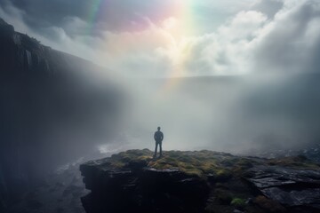 man stand on a cliff with beautiful rainbow view by the sea - obrazy, fototapety, plakaty