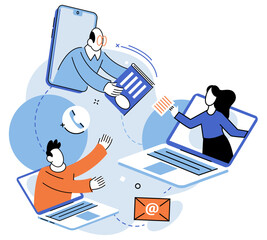 Online team vector illustration. The online team leveraged technology to work together seamlessly The virtual conference brought thought leaders together to exchange ideas The online community thrived