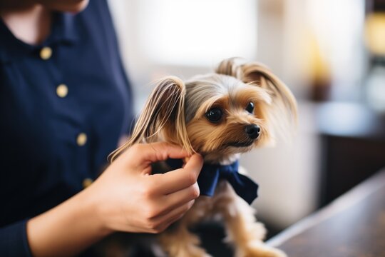applying a bow tie on a freshly groomed yorkie