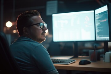 programmer working in a dark room with screen glow