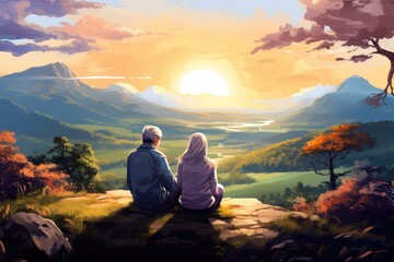 Fototapeta premium couple sit on cliff with mountain view in autumn nature landscape illustration