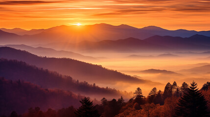 the magic of a smoky mountain sunset, where the sky is ablaze with warm tones as the sun bids farewell behind the peaks